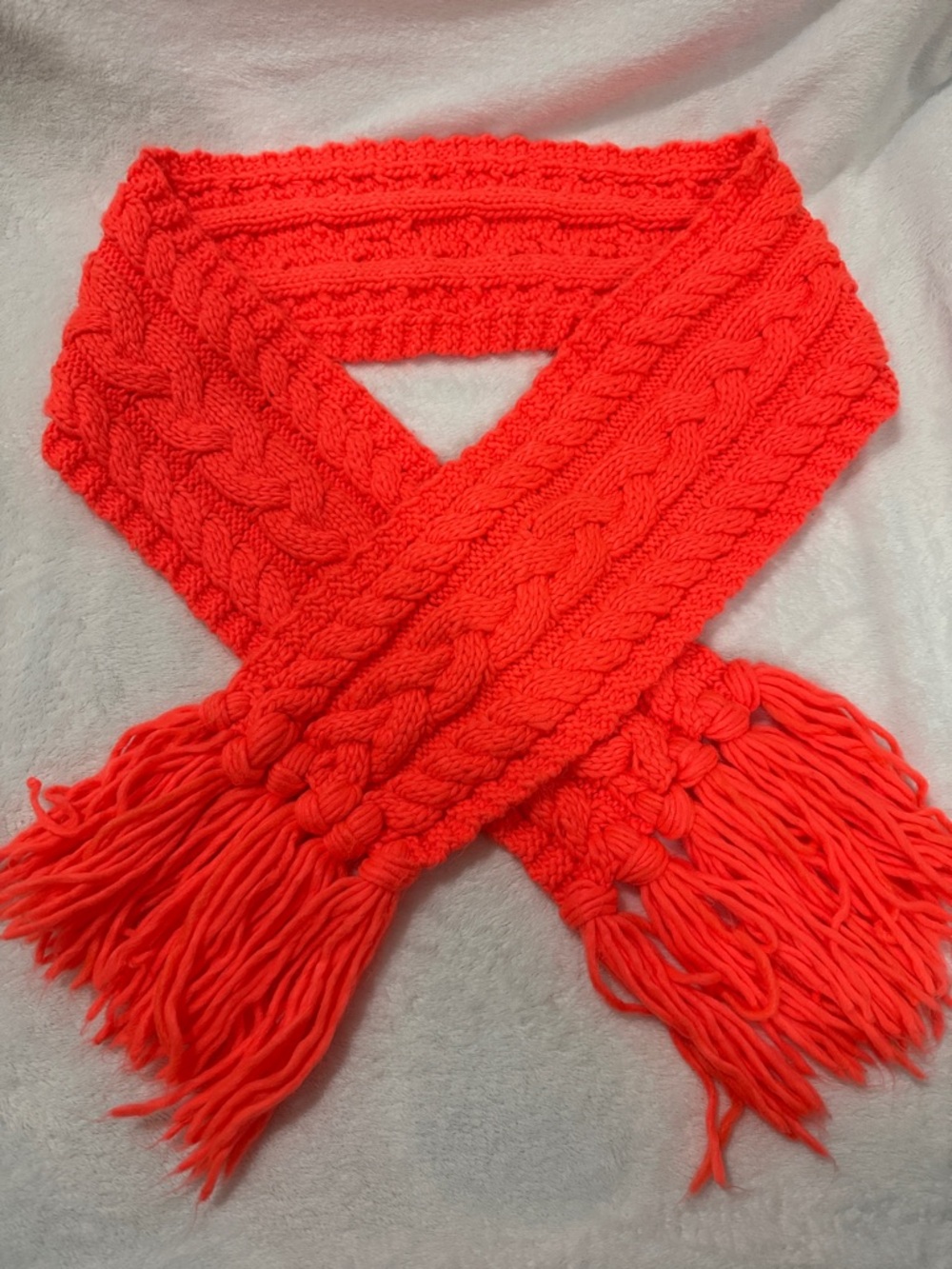 Bright Coral Cable Knit Fringe Scarf
